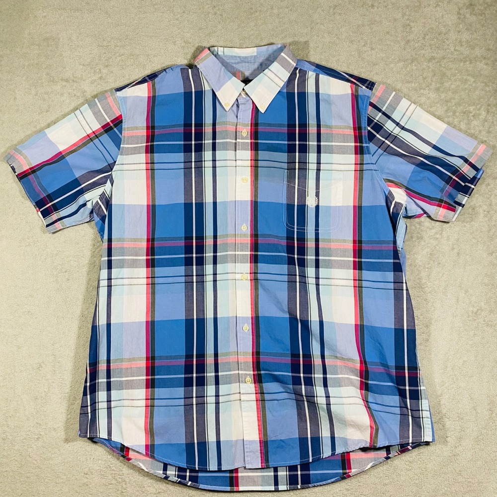 Chaps Button Down Shirt Mens XXL Blue Pink Plaid‎ Short Sleeve Easy Care
